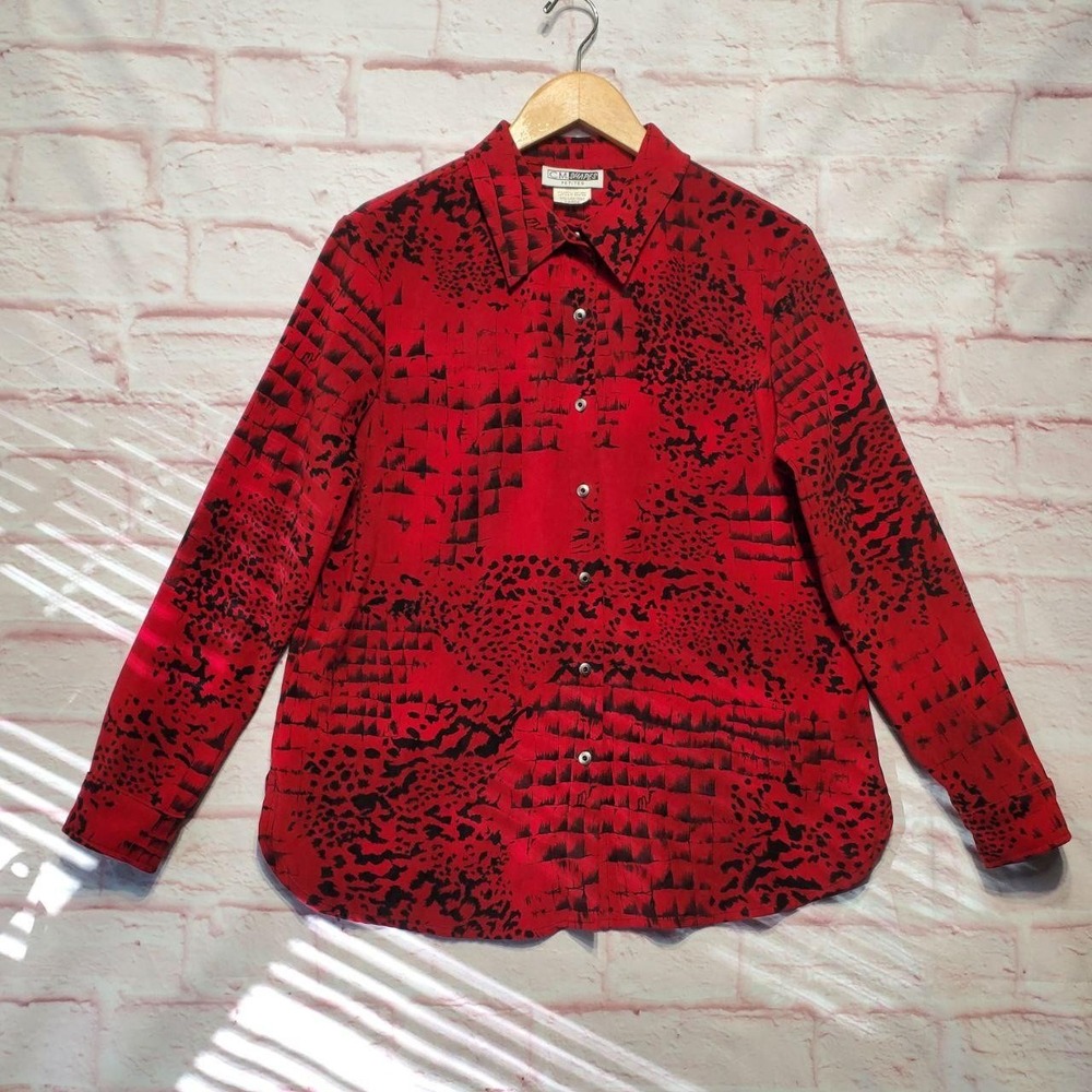 C.M. Shapes‎ Shirt Womens Large Red Black Long Sleeve Abstract Button 90s VTG